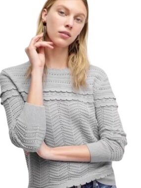 J. Crew Light Gray Pointelle & Scallop Crewneck Sweater Size xs